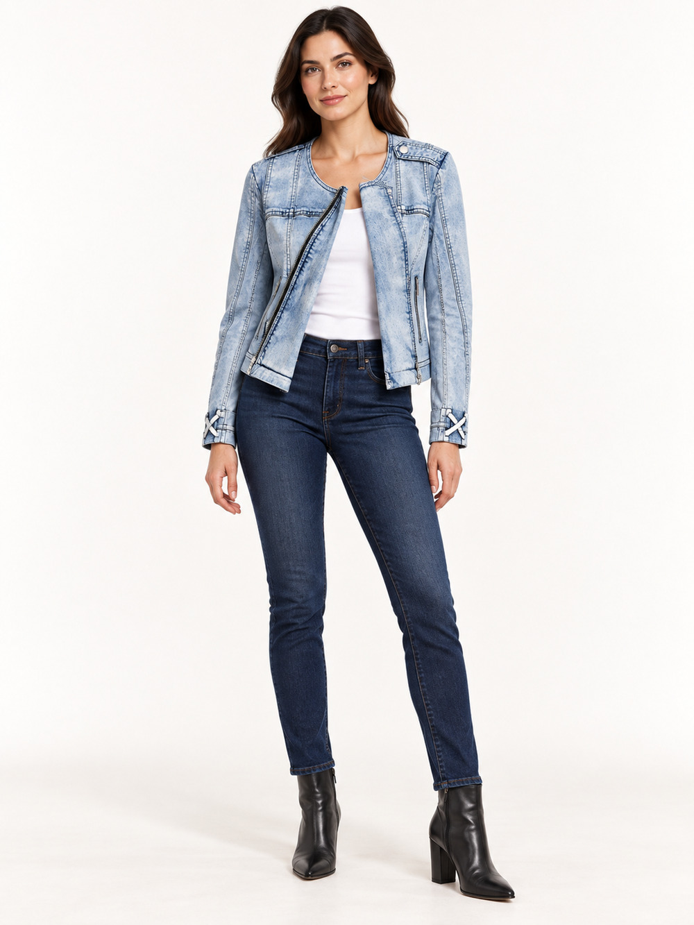 Generation Love Vincent Indigo Denim Jacket Lace Up Sleeve Asymmetric Zip Moto M